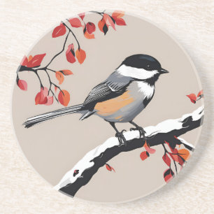 Chickadee Bird Tree Nature Art Orange Leaves Coaster