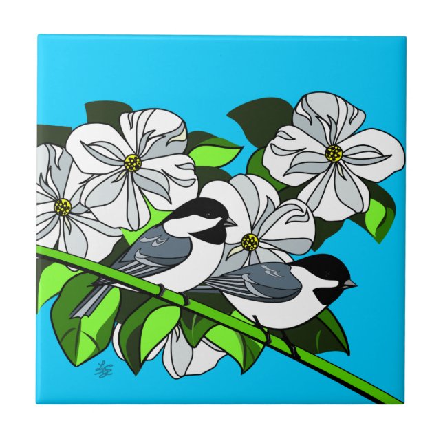 Chickadee Birds and Flowers Ceramic Tile (Front)