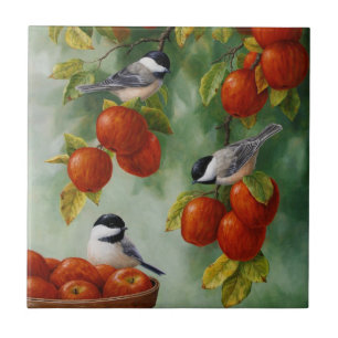Chickadee Birds Apple Harvest Ceramic Tile