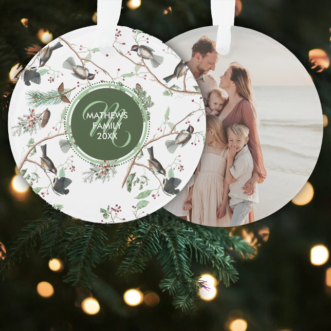 Chickadee Birds Berries & Pinecones Family Photo Ornament (Chickadee Birds Berries & Pinecones Family Photo Ornament)