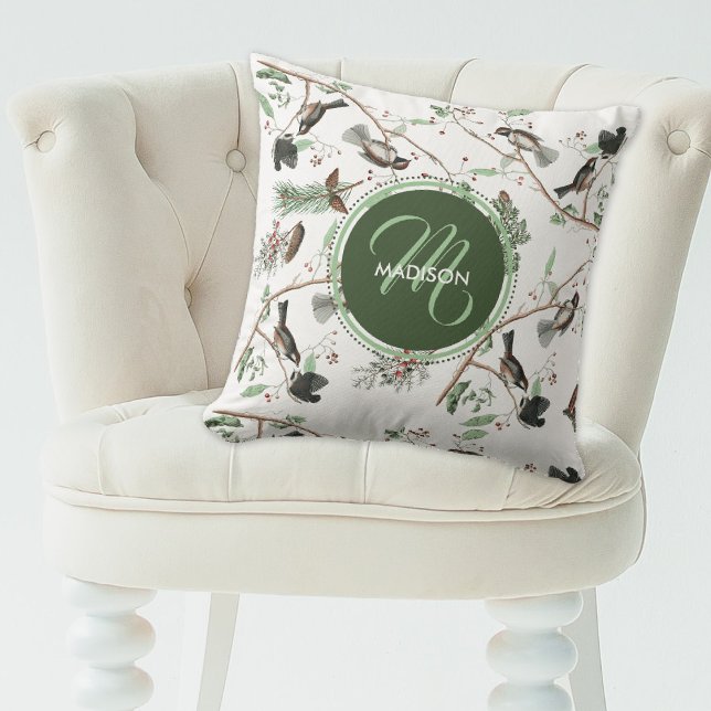 Chickadee Birds Berries & Pinecones Monogrammed Cushion (Chickadee Birds Berries & Pinecones Monogrammed Throw Pillow)