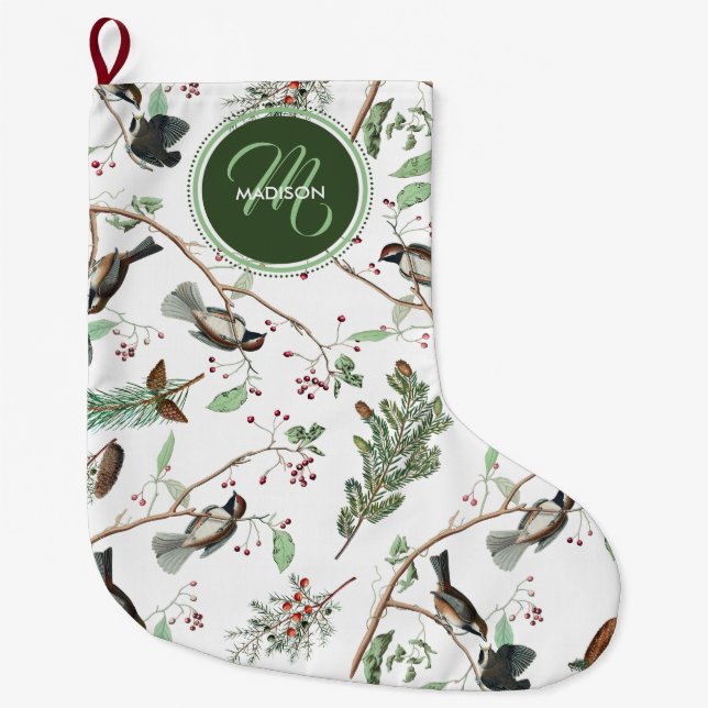 Chickadee Birds Berries & Pinecones Monogrammed Large Christmas Stocking (Front)