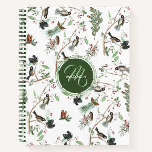 Chickadee Birds Berries & Pinecones Monogrammed Notebook