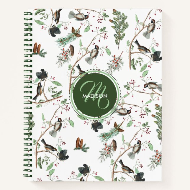 Chickadee Birds Berries & Pinecones Monogrammed Notebook (Front)
