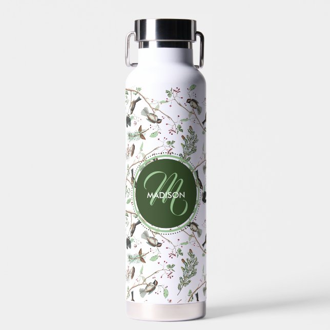Chickadee Birds Berries & Pinecones Monogrammed Water Bottle (Front)