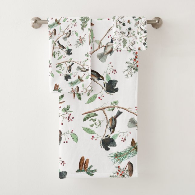 Chickadee Birds Berries & Pinecones Watercolor  Bath Towel Set (Insitu)