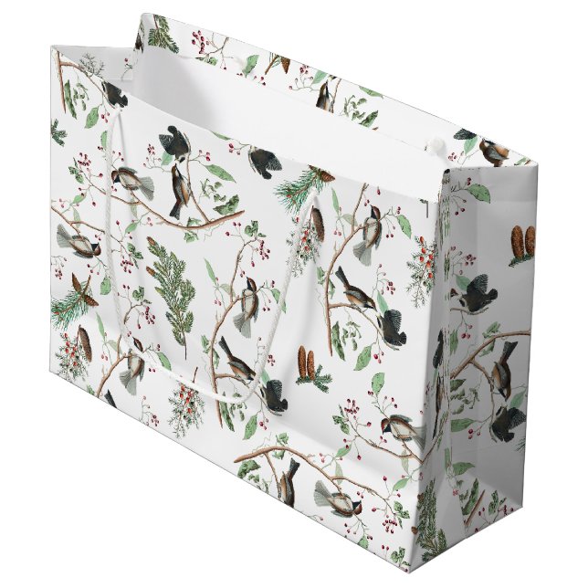 Chickadee Birds Berries & Pinecones Watercolor  Large Gift Bag (Front Angled)
