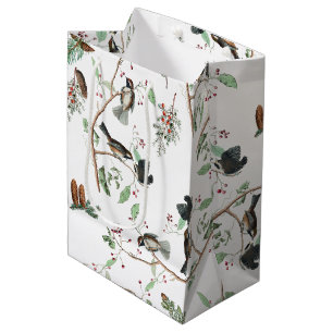 Chickadee Birds Berries & Pinecones Watercolor Medium Gift Bag
