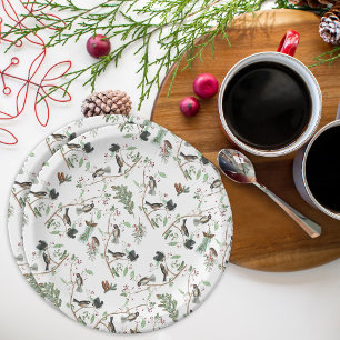 Chickadee Birds Berries & Pinecones Watercolor Paper Plate