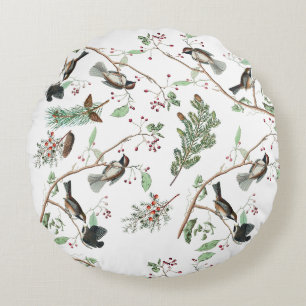 Chickadee Birds Berries & Pinecones Watercolor  Round Cushion