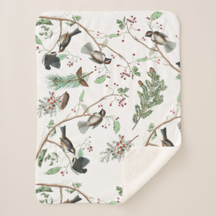 Chickadee Birds Berries & Pinecones Watercolor Sherpa Blanket