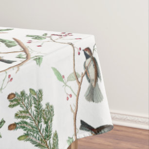 Chickadee Birds Berries & Pinecones Watercolor  Tablecloth