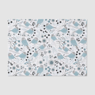 Chickadee Birds Cute Blue Grey Flowers Berries Tissue Paper