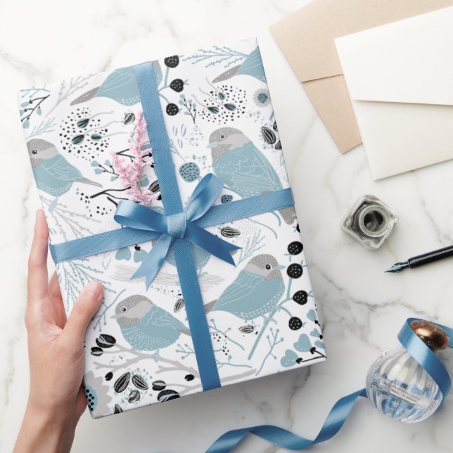 Chickadee Birds Cute Blue Grey Flowers Berries Wrapping Paper (Gifting)