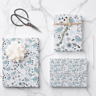 Chickadee Birds Cute Blue Grey Flowers Berries Wrapping Paper Sheet