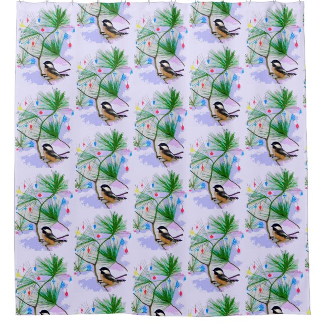 Chickadee Birds in Trees Pattern Shower Curtain (Front)