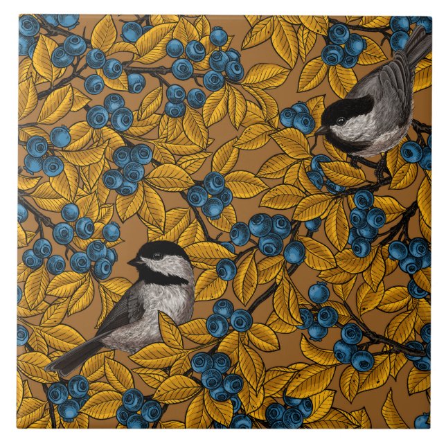Chickadee birds on blueberry branches ceramic tile (Front)
