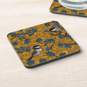 Chickadee birds on blueberry branches coaster