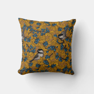 Chickadee birds on blueberry branches cushion