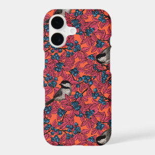 Chickadee birds on blueberry branches on orange