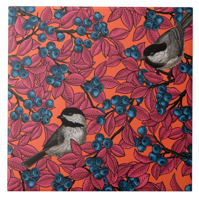 Chickadee birds on blueberry branches on orange ceramic tile (Front)