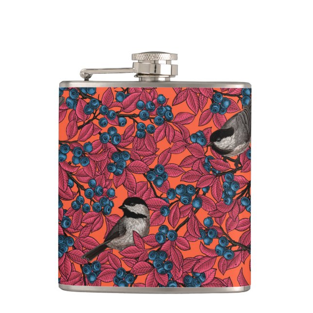 Chickadee birds on blueberry branches on orange hip flask (Front)