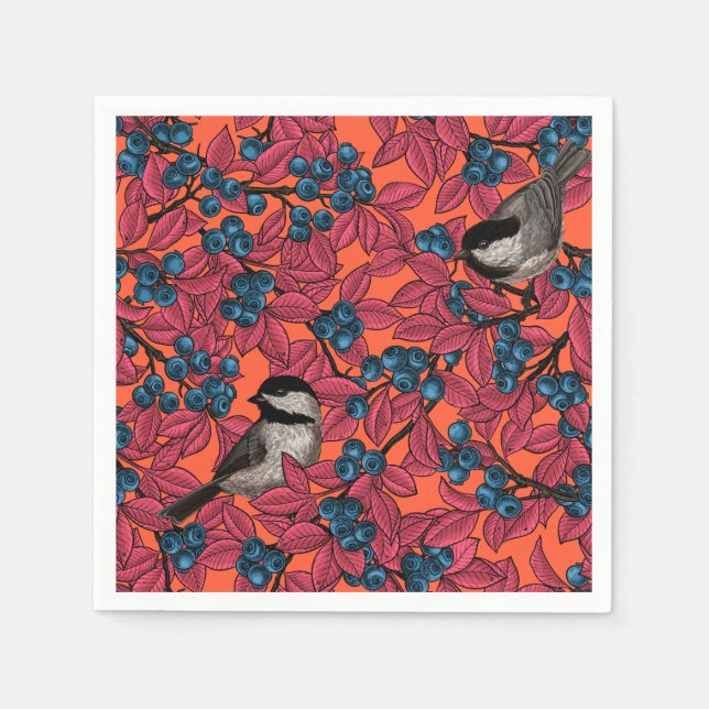 Chickadee birds on blueberry branches on orange napkin (Front)