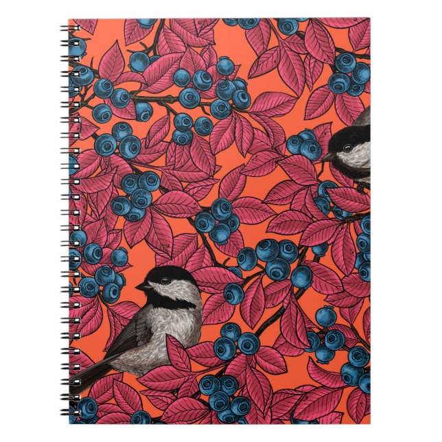 Chickadee birds on blueberry branches on orange notebook (Front)