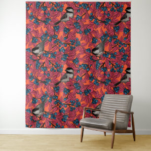 Chickadee birds on blueberry branches on orange tapestry