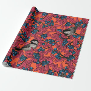 Chickadee birds on blueberry branches on orange wrapping paper