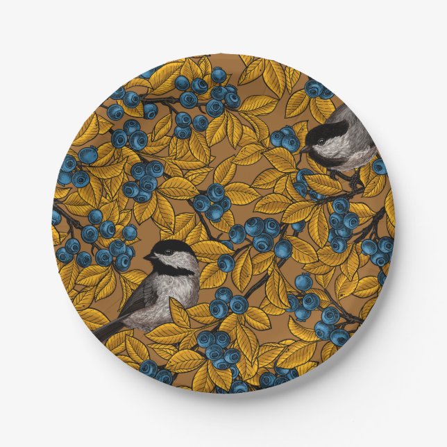 Chickadee birds on blueberry branches paper plate (Front)