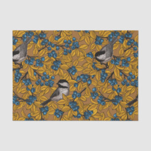 Chickadee birds on blueberry branches tissue paper