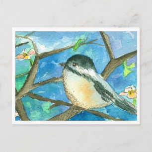 Chickadee Birds Pink Flowers Watercolor Painting Postcard