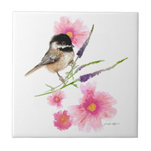 Chickadee Black Capped Sweet Cute Watercolor Art Ceramic Tile