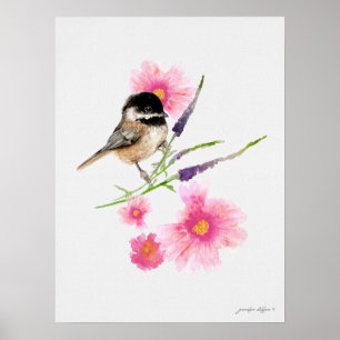 Chickadee Black Capped Watercolor Poster