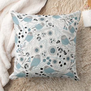 Chickadee Blue Grey Pattern Cushion