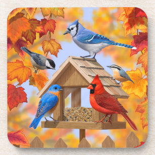 Chickadee Bluebird Cardinal Blue Jay Autumn Leaves Coaster