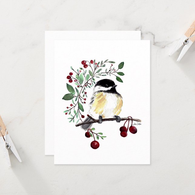 Chickadee Charming Watercolor Note Card (Cute chickadee watercolor berries blank note cards from Jenn Steffen Art)