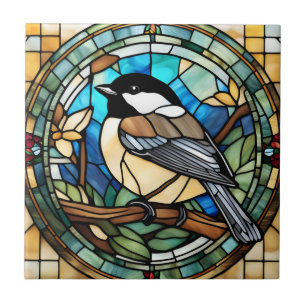 Chickadee Faux Stained Glass Great Tit Bird Ceramic Tile