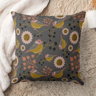 Chickadee Gold Pink Black Pattern Cushion
