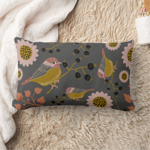 Chickadee Gold Pink Black Pattern Lumbar Cushion