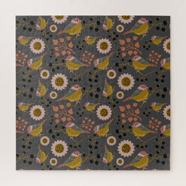 Chickadee Gold Pink Flowers Pattern Jigsaw Puzzle (Vertical)