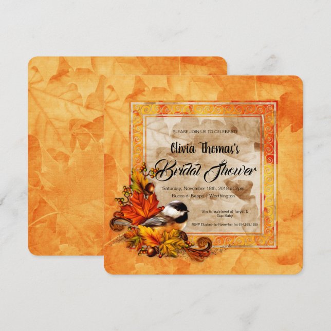 Chickadee & Golden Autumn Leaves Bridal Shower Invitation (Front/Back)