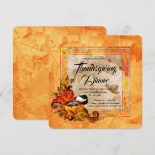 Chickadee & Golden Autumn Leaves Thanksgiving Invitation