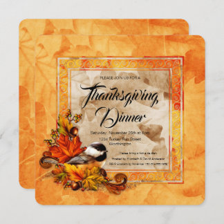 Chickadee & Golden Autumn Leaves Thanksgiving Invitation