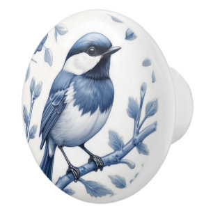 Chickadee Great Tit Bird Delft Blue and White Ceramic Knob