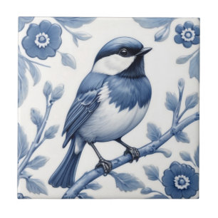 Chickadee Great Tit Bird Delft Blue and White Ceramic Tile