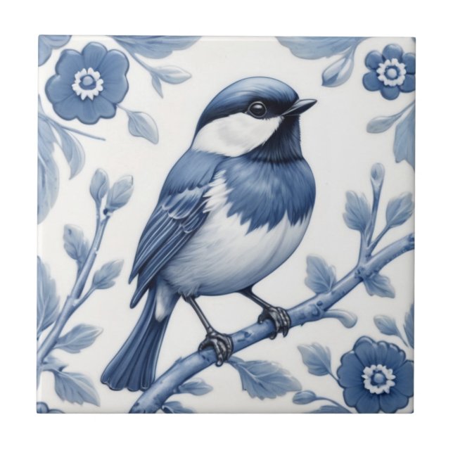 Chickadee Great Tit Bird Delft Blue and White Ceramic Tile (Front)