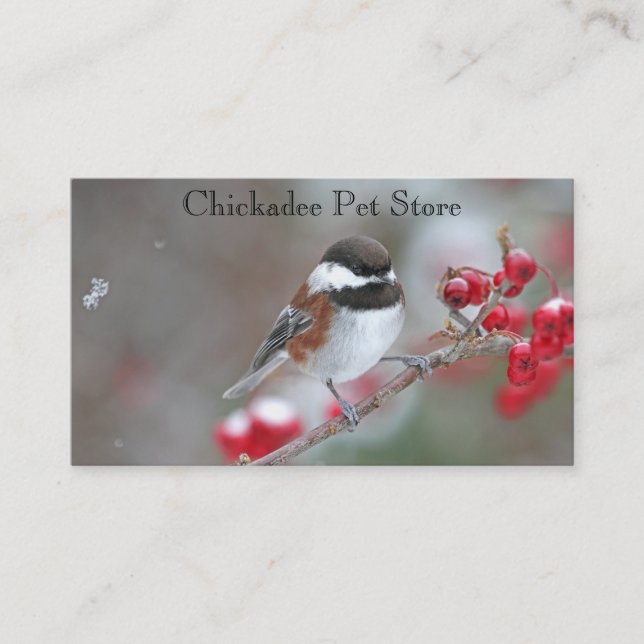 Chickadee in Falling Snow with Red Berries Business Card (Front)