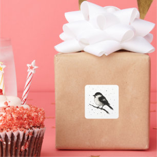 Chickadee in Snow – Minimalist Winter Bird on Square Sticker